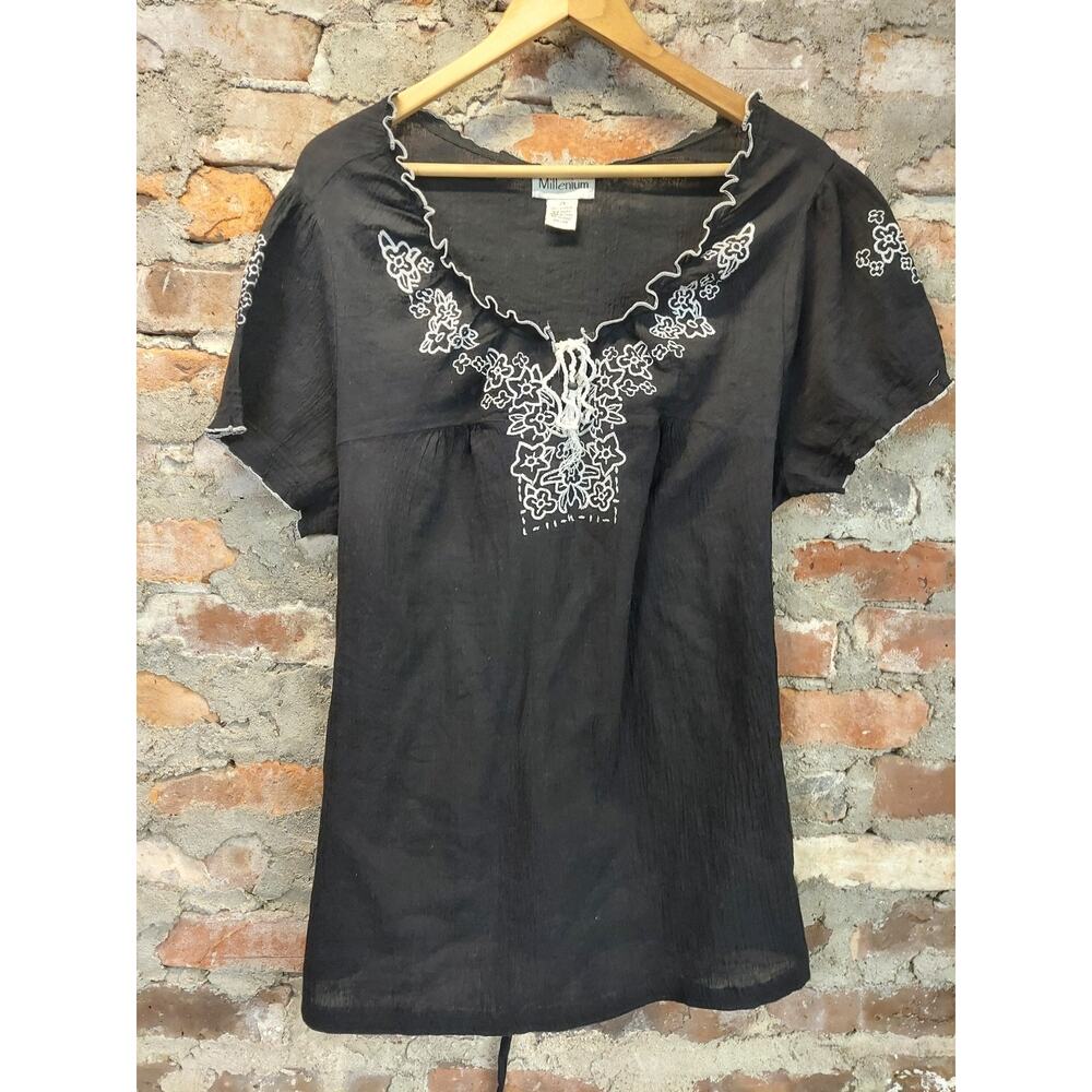 Millennium Womens Tunic Blouse 2X Black White Embroidered Cotton V Neck